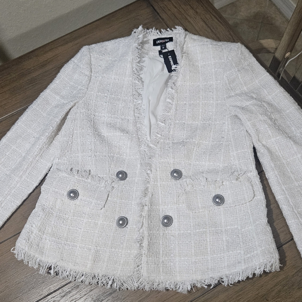 Express Tweed Fringe Novelty Button jacket/ blazer with silver buttons size xs